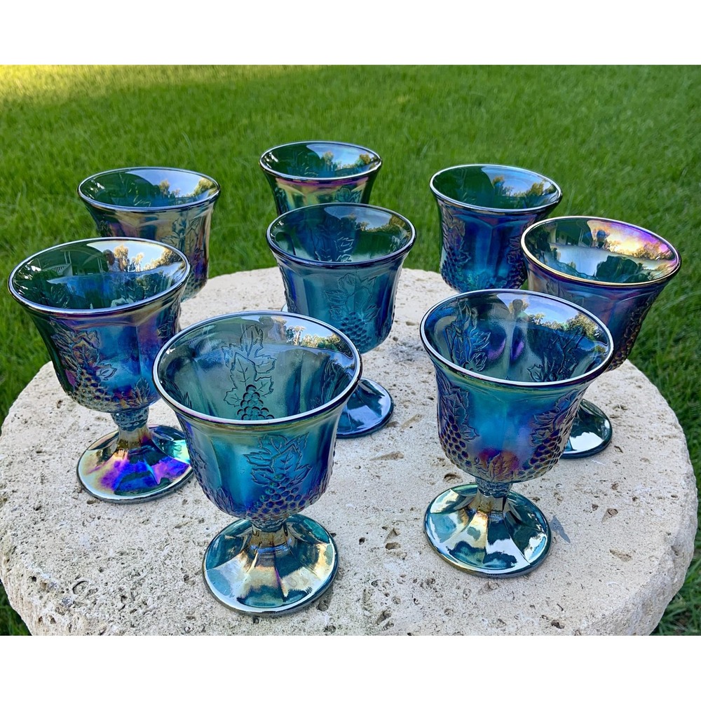 Blue Indian Harvest Carnival Ware Footed Goblets Set of 8